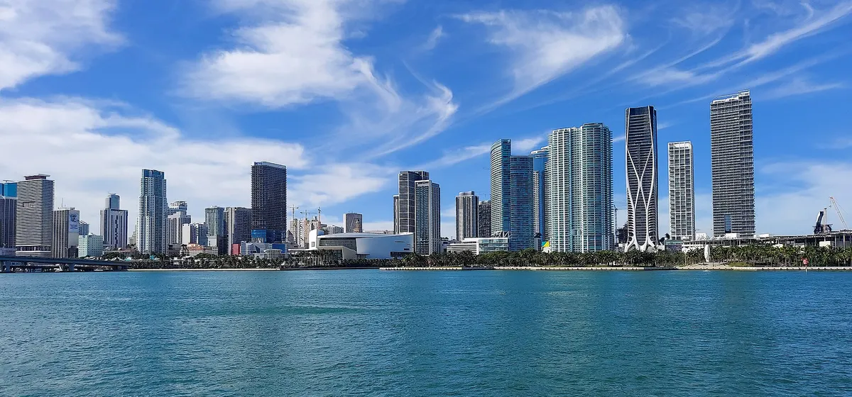 Downtown Miami's towers seen across the water of Biscayne Bay on a clear day