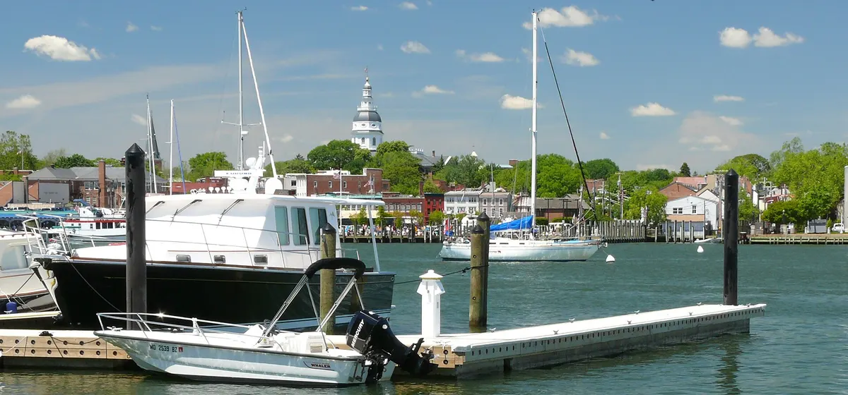 Boats at the docks in Annapolis harbor, with the dome of the Maryland State House above the town